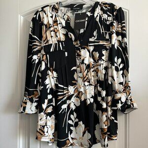 NWT Cocomo Black/White /Tan Floral Pleated Top L